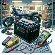 A person's hands wearing gloves are shown in the middle of a process of cleaning or maintaining a motorcycle battery with a small brush.